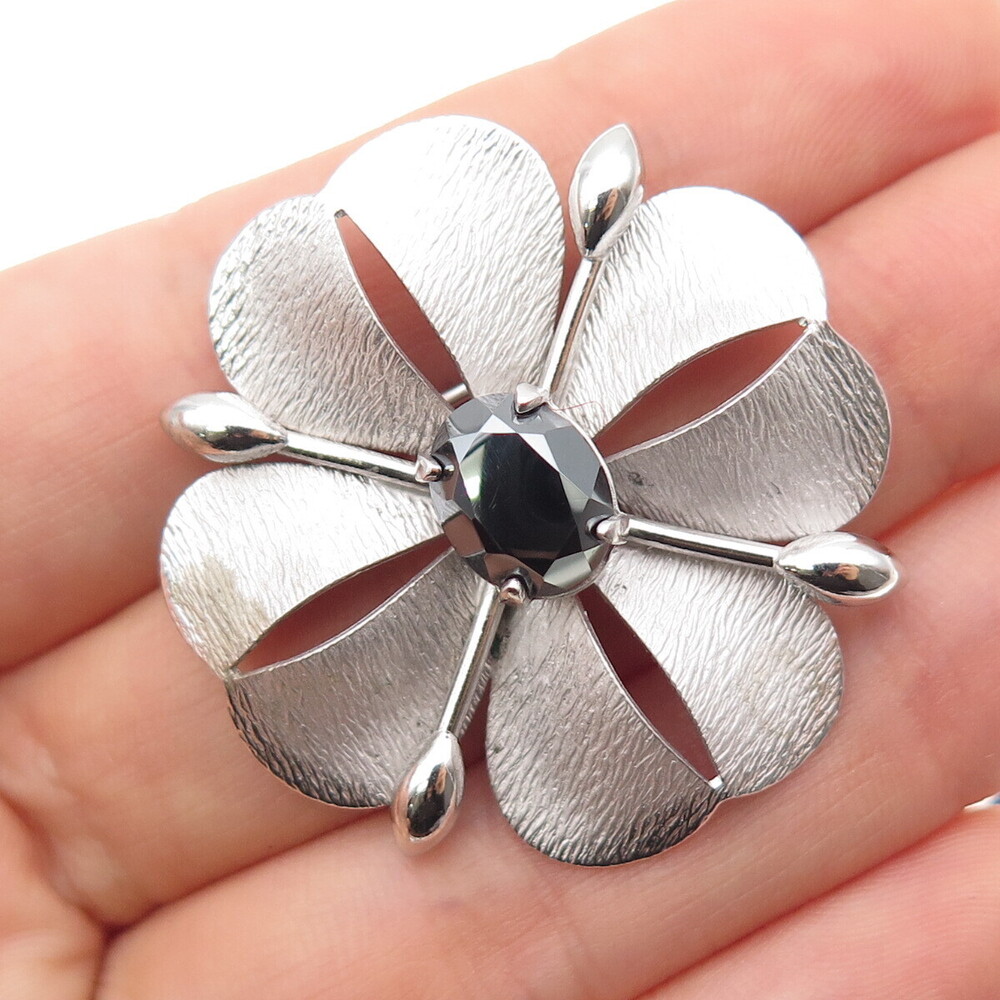 CARL ART 925 Sterling Silver Antique Art Deco Real Hematite Flower Pin Brooch